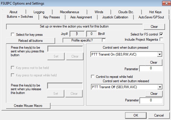 FSUIPC setup screen working with Saitek Yoke PTT