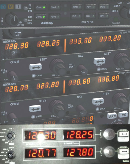 3 images stuck together: the audio panel, radio stack, and a photo of my Saitek radio.
