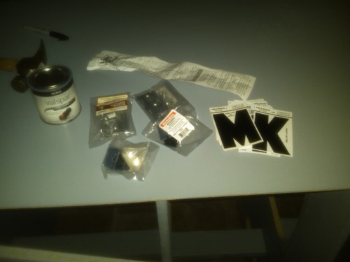 This is a typical run to the hardware store for a project like this.  A few hinges, some lettering, screws, etc.  $28.  Projects like this really add up; a hundred here for a chair, fifty for some aerodynamic widgets, $700 for a projector...   These projects eat you alive if you are not frugal.