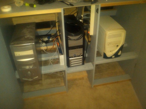 Like I said, every support stud was doing double duty.  These supports make a shelf big enough for 5-6 PCs.  The lower rack is for comms equipment, cables, storage, etc.   When I am finally finished, I will have 5 PCs in the sim; main screen, instrument panels, left and right windows, and the toe monitor.